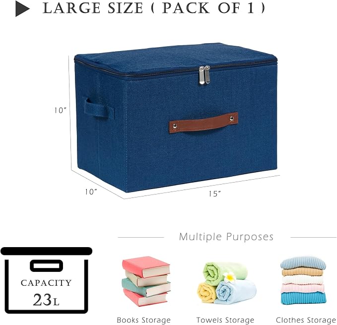 Storage Bins with Zipper Lid Cotton Linen Fabric Lidded Storage Baskets Boxes Foldable Washable Closet Shelf Clothes Organizer Container with PU Leather Handles (Deep Blue, Large)