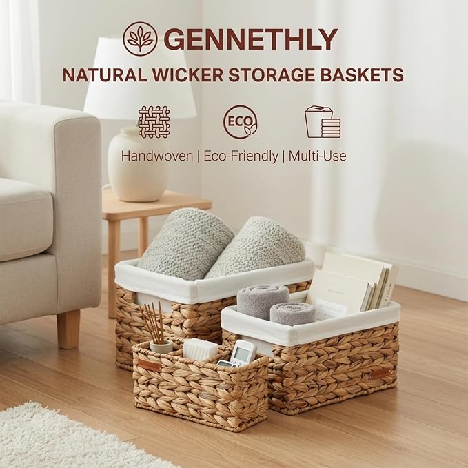 Water Hyacinth Wicker Baskets for Storage, Handwoven Rattan Shelf Basket for Organizing Pantry Closet Bedroom, 100% Natural Decorative Woven Organizer with Handles and Waterproof Canvas, 6 Pack