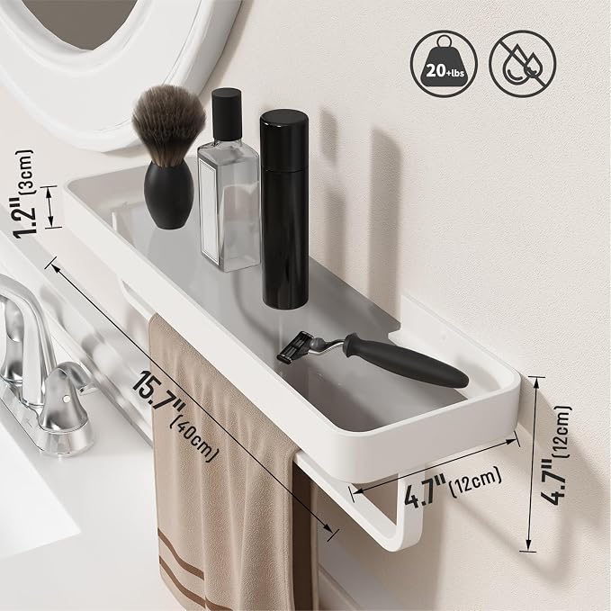 Danpoo 16 Inch Long Floating Bathroom Shelf with Towel Bar, Clear Tempered Glass Wall Shelf with Hand Towel Holder for Bathroom Storage Organizer, Matte White