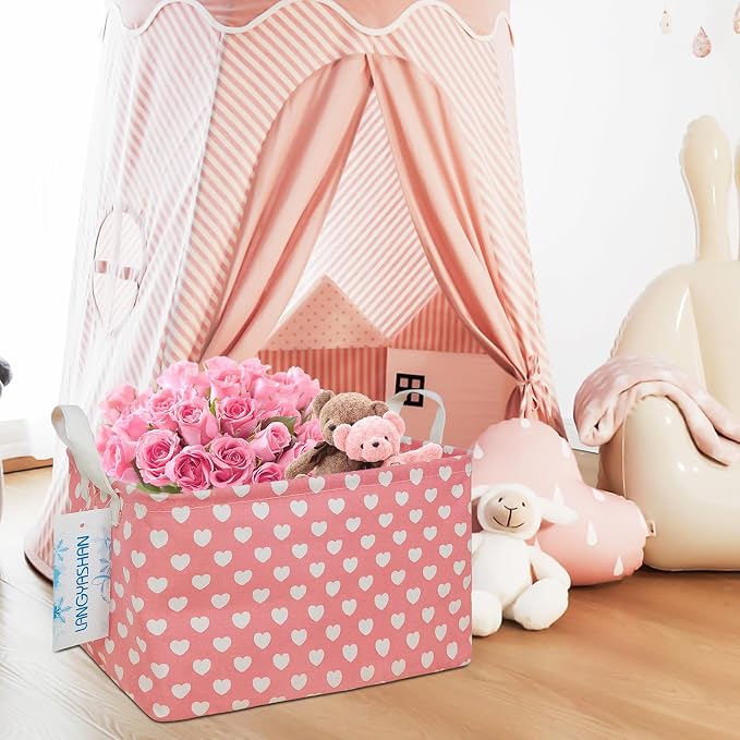 Rectangular Collapsible Storage Basket Nursery Organizer Pink Heart | Storage Bin Foldable Canvas with Handles for Organizing Home Kitchen Children Toys Office Closet Shelf Baskets