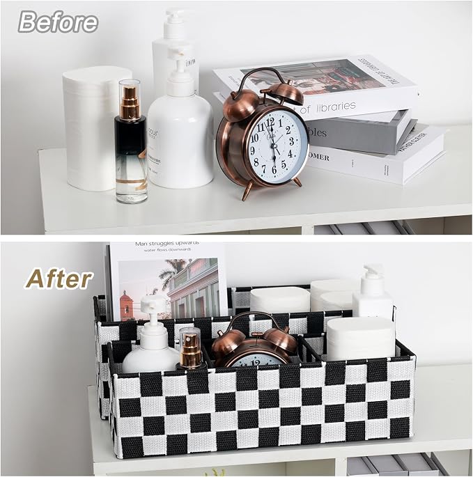 Woven Storage Baskets Bins Container, 16” Checker Pattern Ribbon Metal Wire Desk Organizer, Drawer Dresser Baskets, Countertop Toilet Paper Storage Containers (Black & White),2-Pack