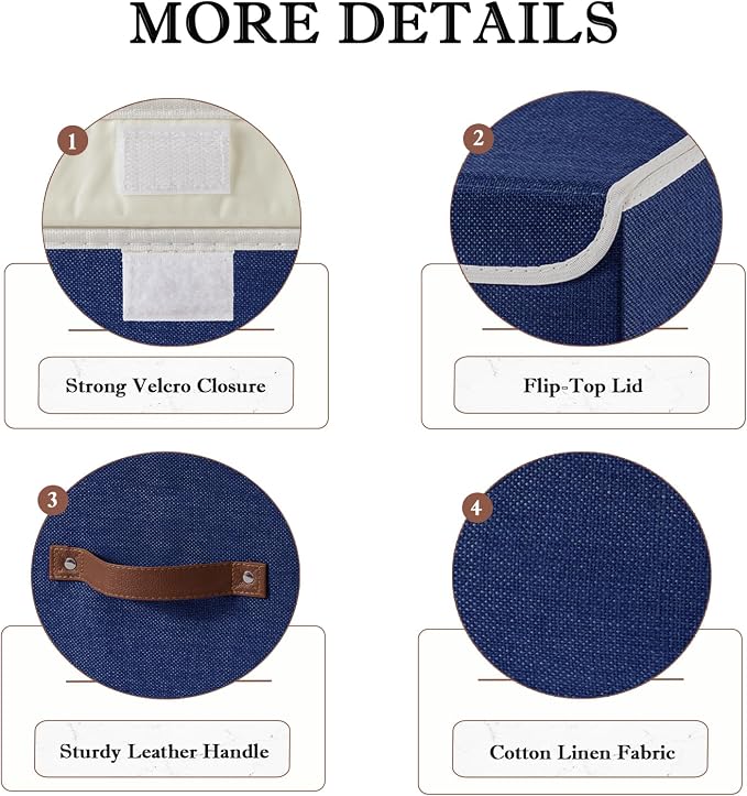 Collapsible Storage Boxes Baskets with Lid Cotton Linen Fabric Storage Bins with Faux Leather Handles Decorative Washable Cube Organizer Container for Home Closet Bedroom (Blue, Large Size)
