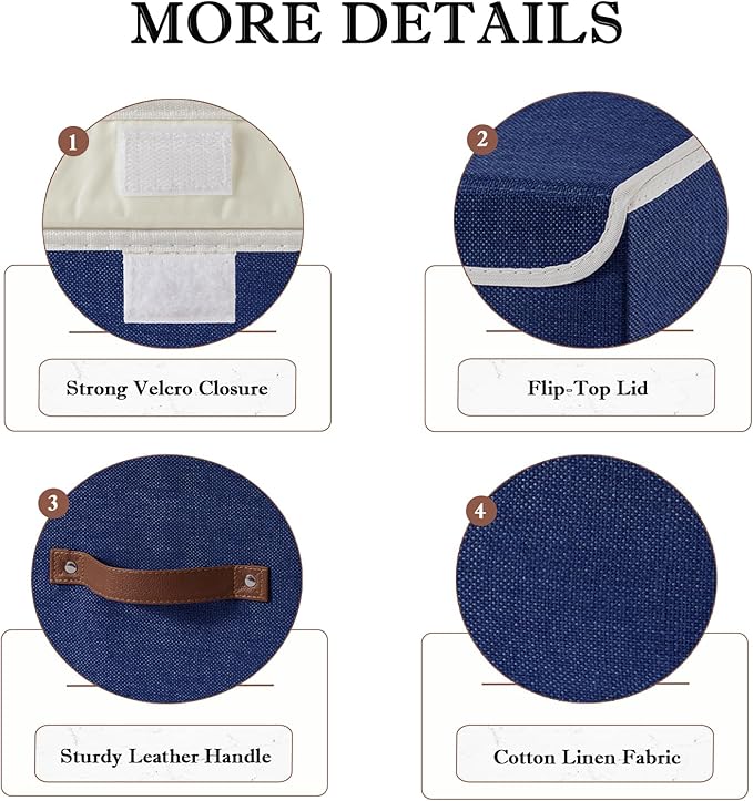 2PCS Collapsible Storage Boxes Baskets with Lid Cotton Linen Fabric Storage Bins with Faux Leather Handles Washable Cube Organizer Container for Home Closet Bedroom (Blue, Small Size)