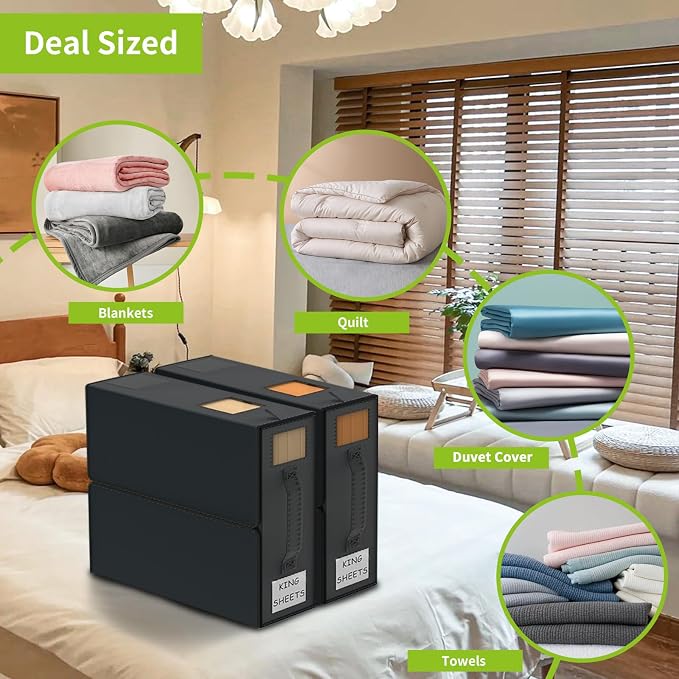 Aokeyee Bed Sheet Organizers and Storage 4 Pack (Queen or King Size), Foldable Storage Bins Closet Organizers and Storage Containers for Duvet Covers, Blankets, Pillowcases, bedding clothes, Black