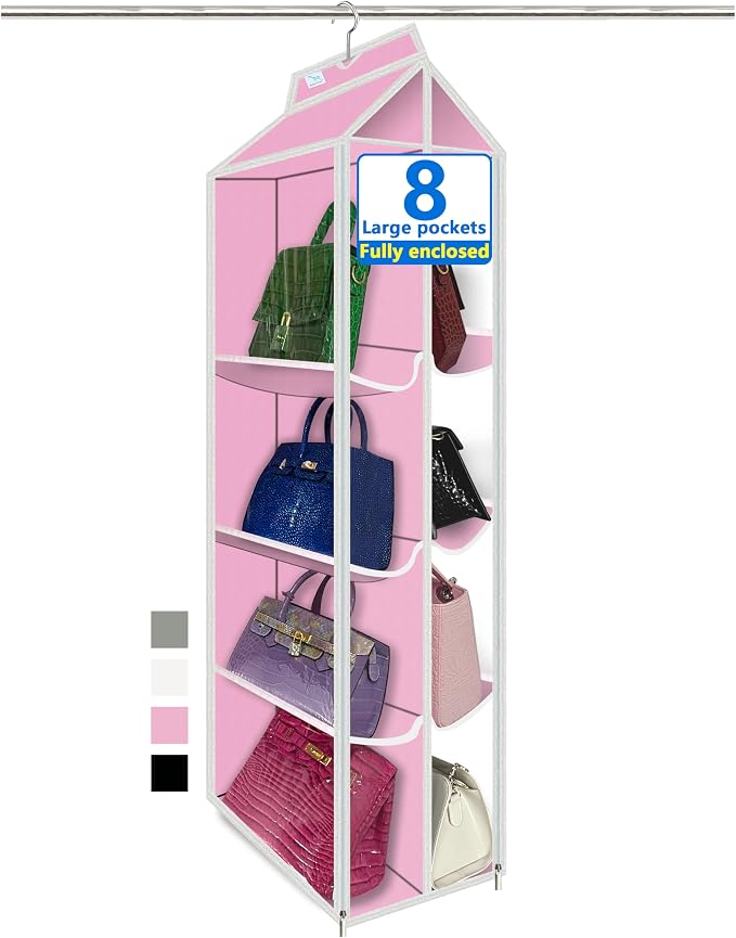 Purse Organizer for Closet, with Zippered-Dustproof, Purse Organizer, Designed for Oversized Wallets & Holds 8-16 Purses, Hanging Purse Organizer for Closet, Pink-Purse Storage