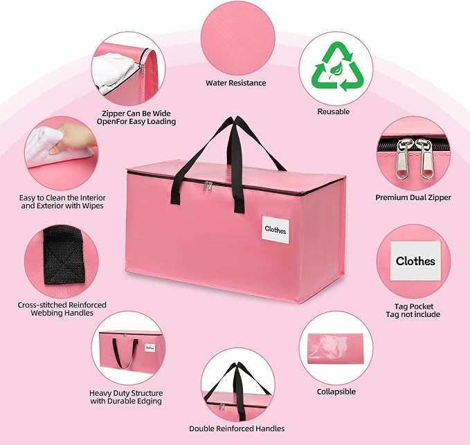 6 Pack Extra Large Heavy Duty Moving Bags with Reinforced Zipper & Wide Carrying Handles, Durable Storage Totes for Clothes Packing, College Dorm, Travel & Home Organization, Pink