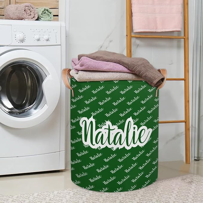 Personalized Laundry Basket, Custom Gift Laundry Hamper, Collapsible Nursery Waterproof Laundry Baskets, Dirty Clothes Toy Hamper with Handles Name Dark Green