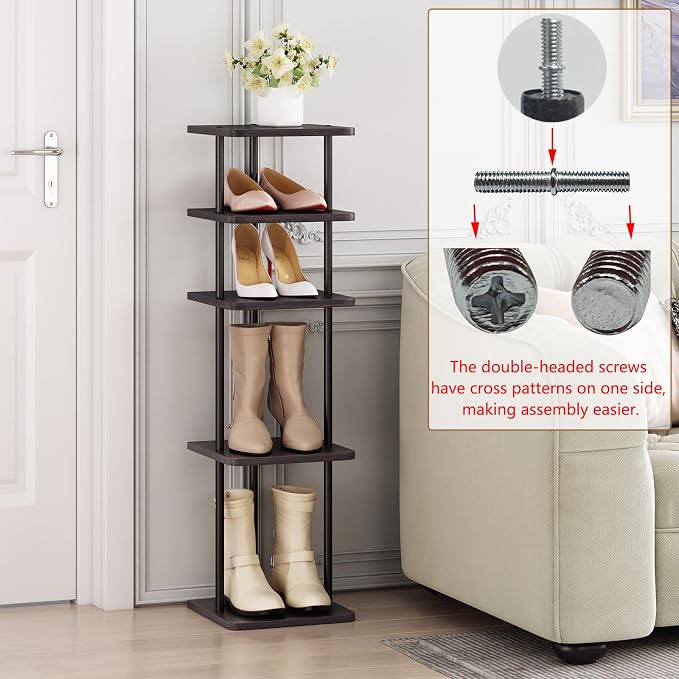 SORCEDAS 5 Tiers Vertical Shoe Rack Wooden Shoe Storage Organizer for Space Saving Narrow Shoe Shelf Storage 5 Pairs for Entryway Living Room Bedroom(Black + Rustic Dark Brown)