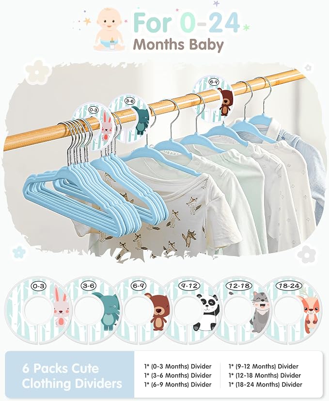 VIS'V Velvet Baby Hangers with 6 Pcs Size Dividers, 11 Inch, Blue, 50 Pcs | Compact Size, Non Slip, Infant Toddler Nursery Closet Organization
