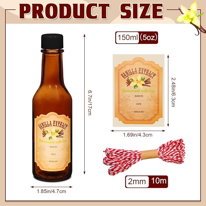 Tioncy 16 Pcs Empty Vanilla Extract Bottles for Homemade Vanilla Jar Glass Bottle with Cap, Shrink Band, Sticker DIY Crafts Wedding Gift Food Storage Canister for Bean(Brown, Silver,5 oz)