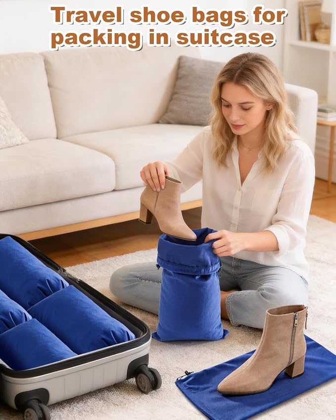 4 Pcs Single Shoe Bags for Travel, Velvet Bags, Palace Blue, 17.3x8.6 Inch | Washable & Reusable Travel Shoe Bags, Dustproof Shoe Bags with Drawstring Closure, Suitable for Travel, Home Storage