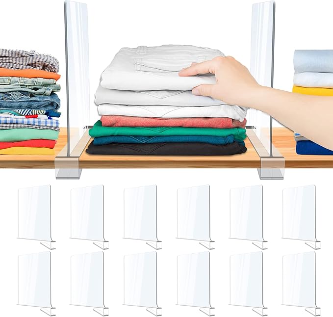 12 Pack Acrylic Shelf Dividers, Clear Shelf Divider for Closet Organization, Closet Shelf Separators for Clothes/Purses, Wood Shelves Organizers in Bedroom, Kitchen, Office, Cabinets, Bathroom Storage