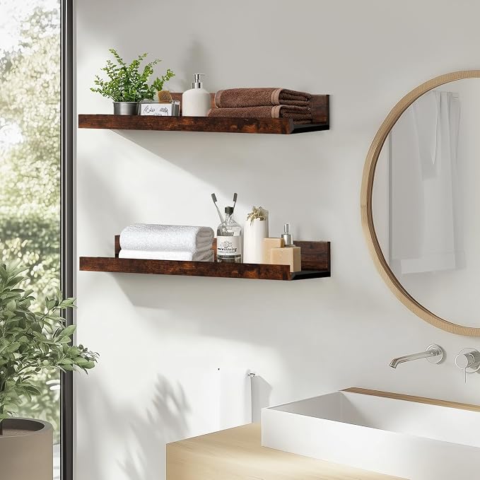 Muzilife 24" Wood Floating Shelves Wall Shelf with Lip, 2Pcs, Brown | FSC-Certified Wood | 20 lbs Capacity | Space-Saving | Hanging Shelf | Wall Decor| Bedroom,Living Room,Bathroom,Kitchen,Office