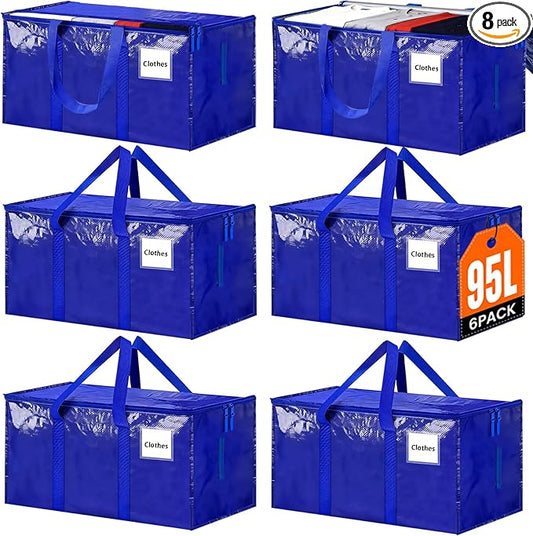 Oversized Moving Bags 6 Pack,Blue,Storage Bags with Lids,Heavy-Duty Moving Boxes with Zippers & Reinforced Handles, Storage Box for Space Saving,College Dorm,Traveling