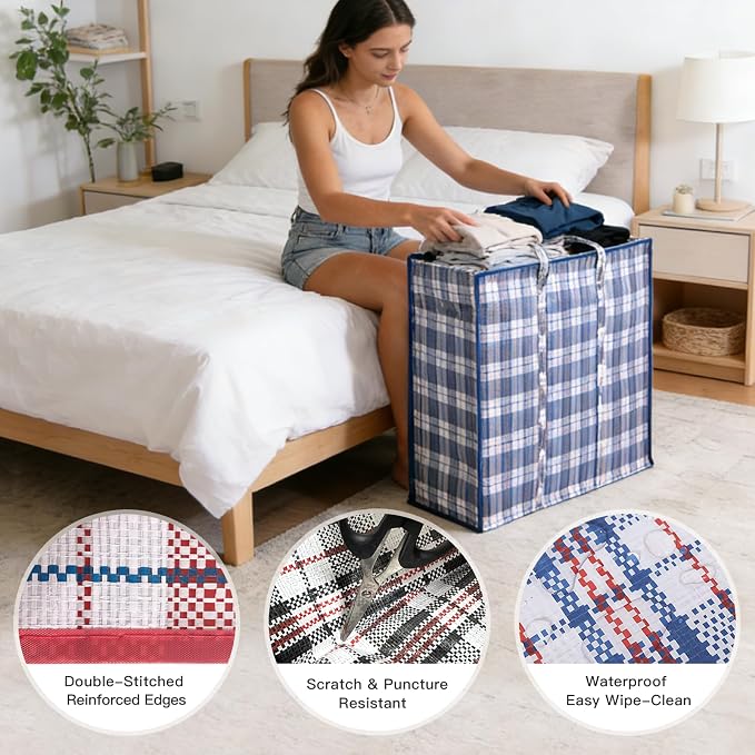 3 Pack 158L Extra Large Moving Bags with Zippers & Carrying Handles, Heavy-Duty Tote Storage Bags Closet Organizers Laundry Bag, Plaid Bag for Traveling, 27.5" x 11.8" x 29.5", Red/Black/Blue
