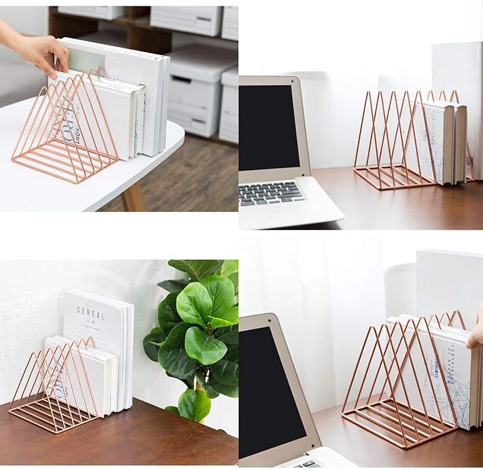 Rose Gold Metal Vinyl Record Holder,Vertical Record Player Holder,File Organizer for Desk,Desktop File Sorters,Paper Organizer and Record Holder Stand,Triangle Upright 9 Lattice Vinyl Rack Stand,1Pack