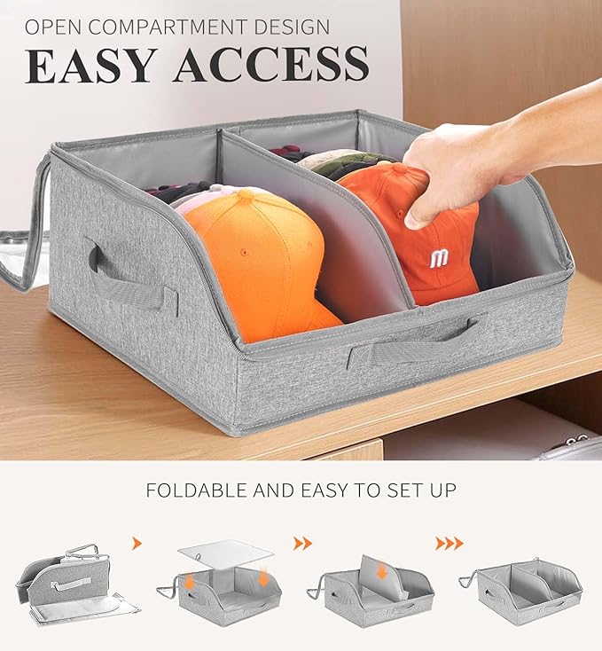 Hat Organizer for Baseball Caps, 2 Compartments Clear Window Hat Storage Box for Closet Hold Up to 24 Caps, Hats Holder Container with Sturdy Cardboard for Home Storage | Gray