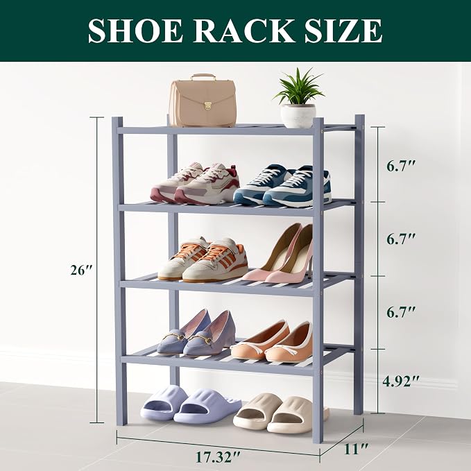 Smiry Bamboo Shoe Rack for Closet, 4 Tier Small Wooden Shoe Organizer, Stackable Wood Shoe Storage Shelf for Entryway, 14 Vertical Slats, 2+2 Stack Heavy-Duty Legs, 17.32"x11.02"x25.98", Grey