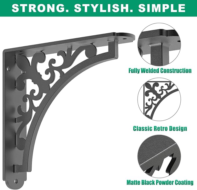SELEWARE Black Heavy Duty Shelf Brackets, L 8" x H 8" x W 2" Wall Mount Decorative Shelving Brackets, 1/5" Thick Metal L Brackets with Mounting Hardware for DIY Floating Shelf (Classic B, 2 Pack)