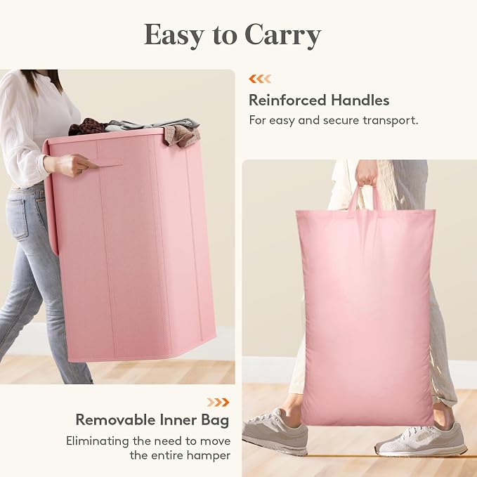 Lifewit 185L 3 Section Laundry Hamper with Lid, Large Laundry Basket with Handles and Removable Bags, Tall Clothes Hamper, Foldable Laundry Sorter for Bedroom Bathroom, Pink