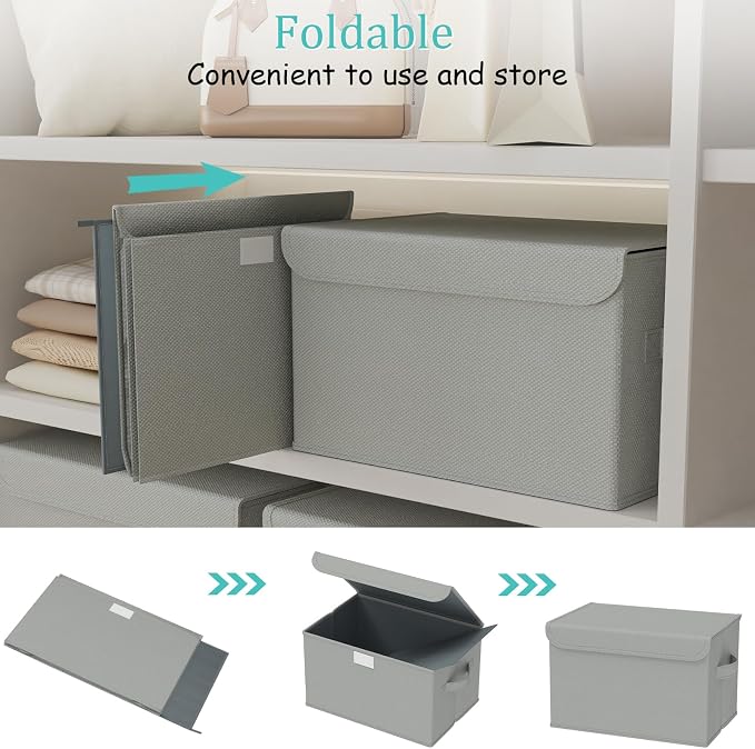 Storage Bins with Lids for Organizing, 4 Pack, Grey, 15x9.8x9.8 In | Closet Boxes with 2 Carrying Handles and Sturdy Heavy PP-board, Home Organizers Cubes for Clothes, Towels, Blanket
