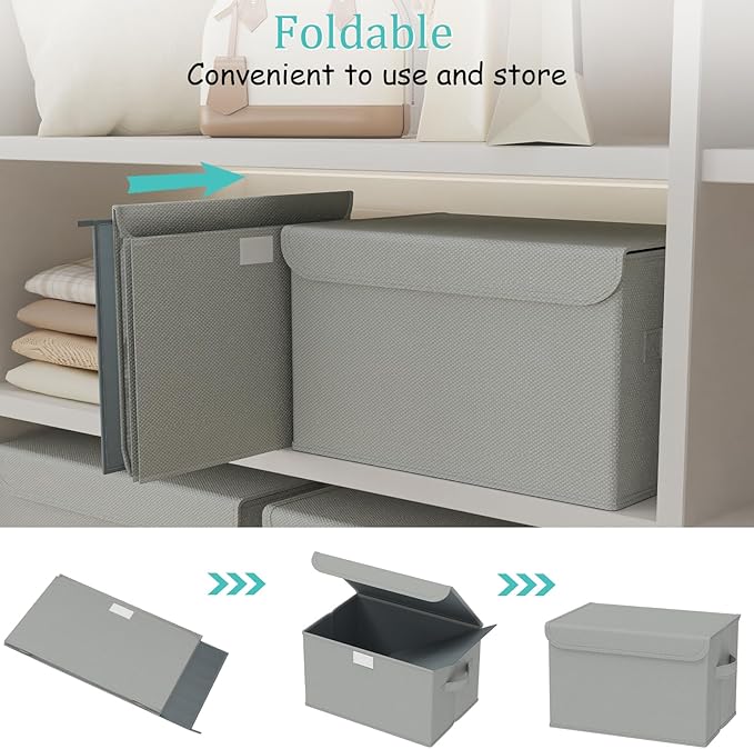 Foldable Storage Bins, Closet Boxes, 4 Pack, Grey, 13x9x7.9 In | Cube Organizer Basket with Flip-Top Lid and 2 Handles, Decorative Boxes for Shelves with Cover for Clothes, Towels, Blanket