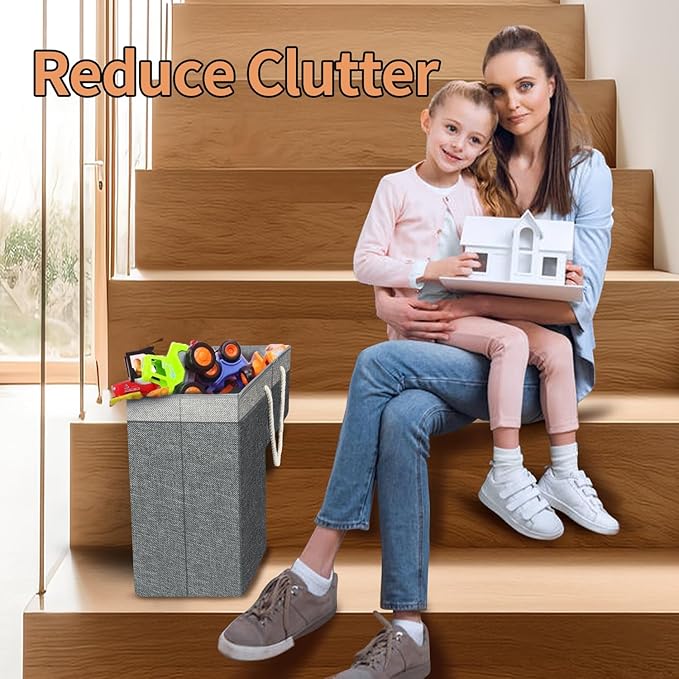 Stair Basket for Stairs with Handle, Staircase Baskets for Carpeted and Wooden Stairs,16" Step Storage Basket for Toys, Clothes, Books, Tools, with Hard Board, Anti-slip (1, Gray)
