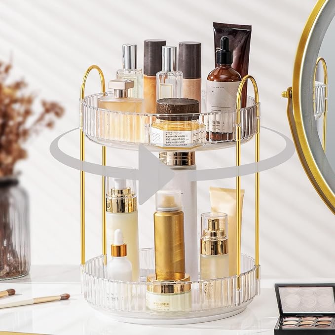360 Rotating Makeup Organizer for Vanity, Bathroom Countertop Spinning Perfume Organizer, High-Capacity Cosmetic and Skincare Dresser Make Up Holder Rack (2 Tiers, White)