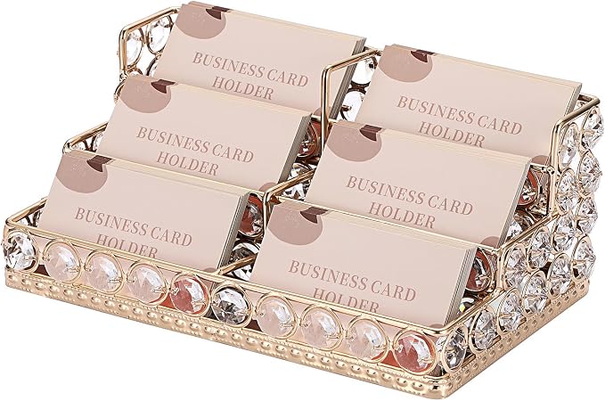 Hipiwe 3 Tiers Crystal Business Card Holder Gold Business Card Display Stand with 6 Slots Name Card Organizer for Office Exhibition Business