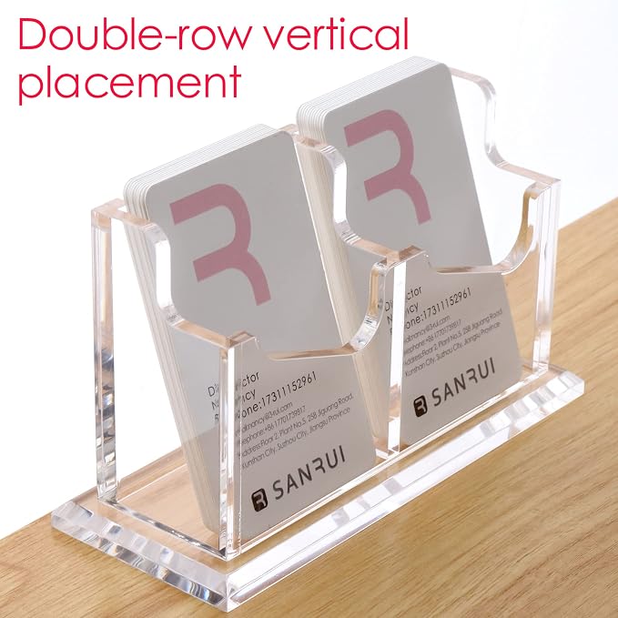 SANRUI Vertical Business Card Holder for Desk，Clear Acrylic Business Card Display Stand，2 Slots 1 Tier ，Holds 100 Cards