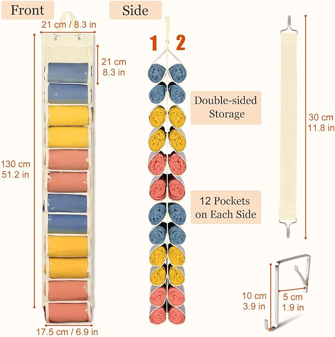 Lirex Scarf Storage Organizer with 24 Pockets, Yoga Legging Storage Organizer for Family Closet Bedroom, Cream White