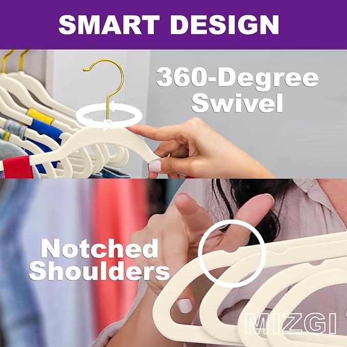 MIZGI Premium Velvet Hangers Pack 50 Pcs Heavyduty - Non Slip Slimline - Velvet Suit Hangers Ivory - Gold Hooks,Space Saving Clothes Hangers …