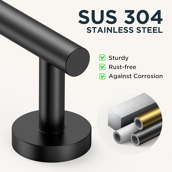 FORIOUS 4 Piece Bathroom Accessories, SUS304 Stainless Steel Toilet Paper Holder, Towel Ring and 2 Towel Hooks, Wall Mounted Bathroom Hardware Set (Matte Black)