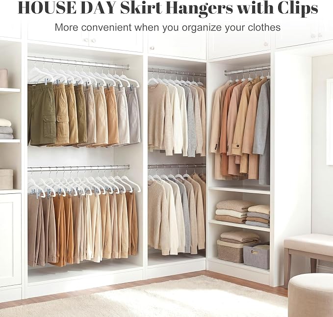 HOUSE DAY Velvet Skirt Hangers 24 Pack, White Velvet Hanger with Adjustable Clips, Space Saving Slim Pant Hangers, Heavy Duty Non Slip Clip Hanger for Pants, Skirts, Shorts | Velvet Hanger with Adjustable Clips, Space Saving Velvet Pant Hangers, Heavy ...