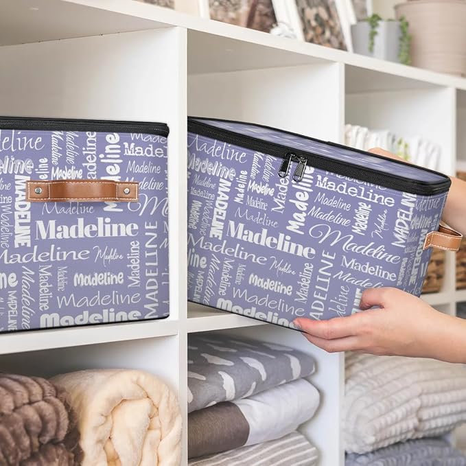 Custom Storage Basket with Name, Personalized Keepsake Box with Zipper Lid, Foldable Fabric Memory Bin Large capacity with Handle Haze Purple