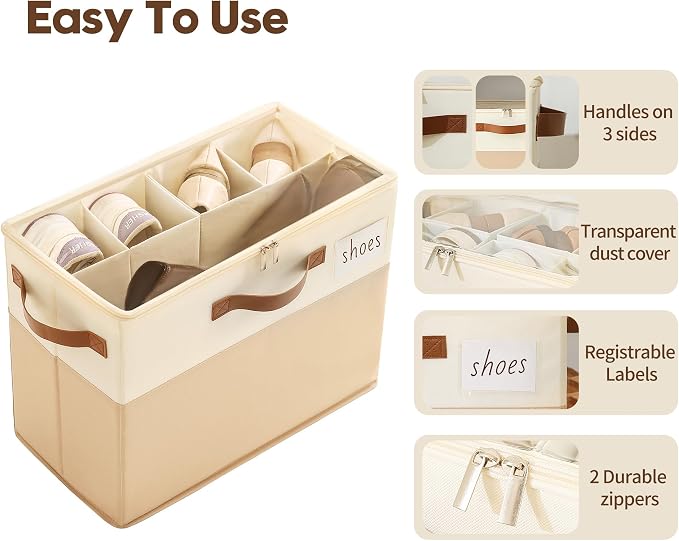 Varhomax Shoe Organizer Box 3 Pack for Closet,Small Fabric Shoe Storage Bin with Adjustable Dividers & Clear Cover, Saving Space Sneakers & Sandals Containers for Entryway, Cubby