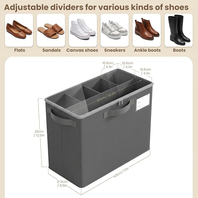 Varhomax Shoe Organizer Box for Closet, Small Fabric Shoe Storage Bin with Adjustable Dividers & Clear Cover, Saving Space Sneakers & Sandals Containers for Entryway, Cubby - Gray 3 Pack