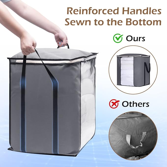 SLEEPING LAMB 120L Extra Large Blanket Storage Bags Breathable Clothes Storage Containers for King Comforter Bedding Pillow Sheet, Grey, 2 Packs