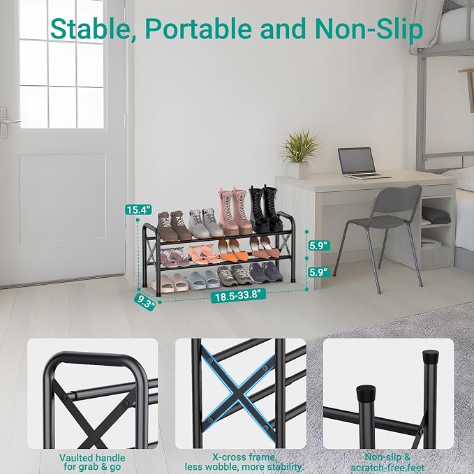 YEASHEIN 2-Tier Expandable Shoe Rack for Closet Floor, X-Frame Metal Small Shoe Rack for Entryway, Adjustable Shoe Shelf Organizer, Free Standing Shoe Racks for Front Door Entrance, Garage - Black