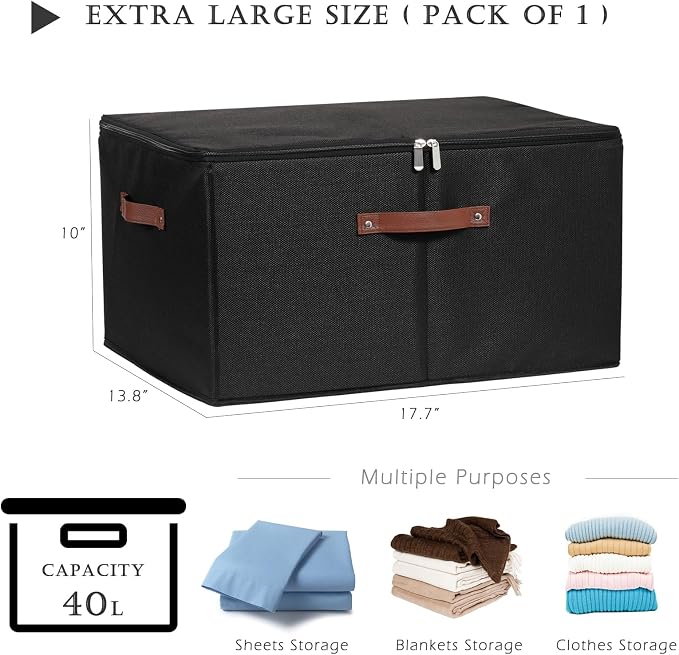 Storage Bins with Zipper Lid Cotton Linen Fabric Lidded Storage Baskets Boxes Foldable Washable Closet Shelf Clothes Organizer Container with PU Leather Handles (Black, Extra Large)