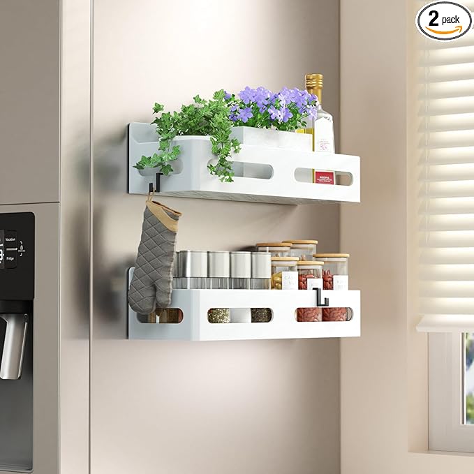 Sevenblue 2 Pack Strong Magnetic Spice Rack for Refrigerator, Multipurpose Magnetic Shelf for Fridge with 4 Hooks for kitchen and Bathroom Organization, White