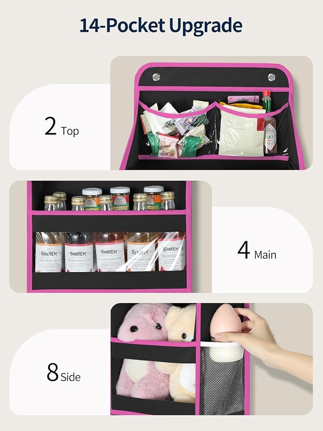 Yecaye 5 Tier Over the Door Organizer, Swing-proof Door Organizer Hanging with Clear PVC Windows, Behind the Door Storage for Bedroom Nursery Closet Laundry Pantry Bathroom, Pink and Black