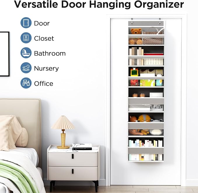 6 Tiers Over The Door Organizer, Heavy Duty Hanging Organizer Storage with Large Capacity Pockets, Behind Door Storage Hanging Shelves for Closet Wall Bathroom Bedroom Nursery Pantry, 1 Pack Grey