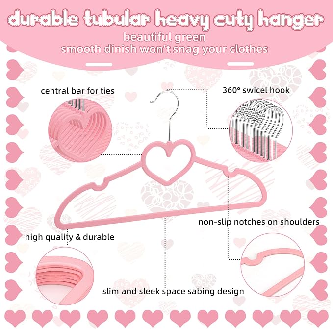 Qunclay 50 Pcs Pink Plastic Heart Hangers with 360 Degree Swivel Hook, Heavy Duty Sturdy Heart Clothes Coat Hanger, Cute Kawaii Room Decor for Adult Women, Space Saving with No Hanger Mark