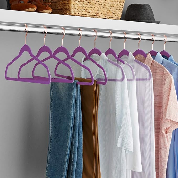 VECELO Premium Velvet Clothes Hangers Suit Heavy Duty (100 Pack)-Non Slip & Space-Saving with 12 Finger Clips & 2Tie Rack Excellent for Men and Women,Dark Purple