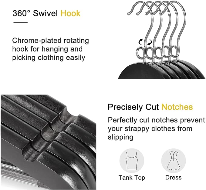 TOPIA HANGER Black Wooden Hangers 30 Pack, Space Saving Coat Hanger with 360° Swivel Cascading Loop Hook, Non Slip Pants Bar and Shoulder Notches for Camisole, Jacket, Suit, Clothes Hangers -CT74B30