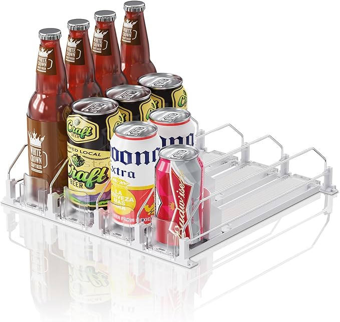 Drink Organizer for Mini Fridge (Fits Depth ≥ 12.2"), 12oz 16oz 20oz Soda Can Dispenser, Width Adjustable Automatic Pusher Glide, 12.2" D 4ROW Holds 16 Cans, White