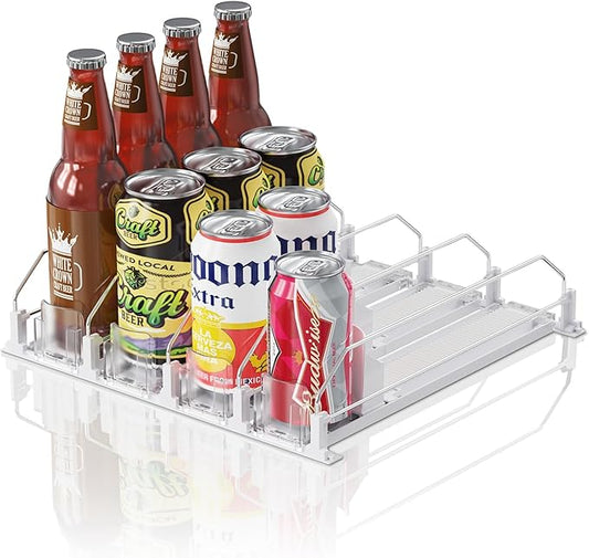 Drink Organizer for Mini Fridge (Fits Depth ≥ 12.2"), 12oz 16oz 20oz Soda Can Dispenser, Width Adjustable Automatic Pusher Glide, 12.2" D 4ROW Holds 16 Cans, White