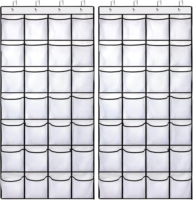 28 Large Pockets Over The Door Shoe Organizer, Hanging Shoe Organizer for Closet, Premium Clear Shoe Rack for Door, Shoes Hanger Organizers Storage Holder for Back of Door and 4 Metal Hook White