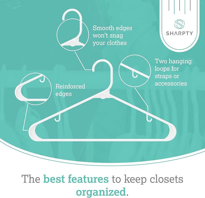 Sharpty Plastic Hangers Clothes Hangers for Clothing, Closet, Coats & Shirts - Durable, Thick, Tough & Space Saving - for Everyday Standard Use, Room Essentials & Basics - 20 Pack - White